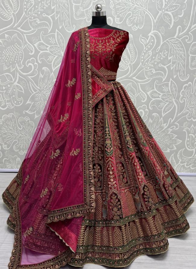 Velvet Rani Pink Bridal Wear Embroidery Work Lehenga Choli